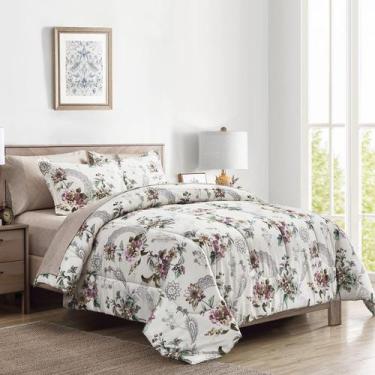 Imagem de Conjunto de Roupa de Cama Flysheep Queen 7 Peças - Edredom Bege Floral