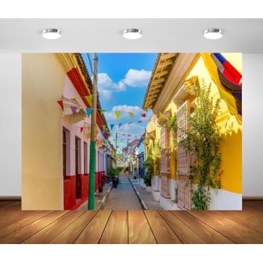 Imagem de BELECO Tecido de 3 x 2 m, cenário de rua da Colômbia, cênicas e coloridas ruas de Cartagena no distrito histórico de Getsemani com fundo de cidade murada para decorações temáticas de festas, adereços