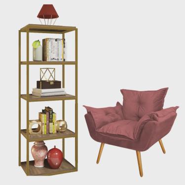 Imagem de Kit Poltrona Fatte com Estante Livreiro Ferro Dourado mdf Caramelo Suede Rose Gold - Ahazzo Móveis