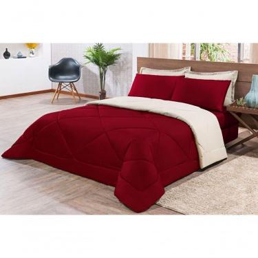 Imagem de Kit Edredom + Jogo De Lençol Aconchego Look House Dupla Face Casal King 06 Peças - Vermelho E Palha
