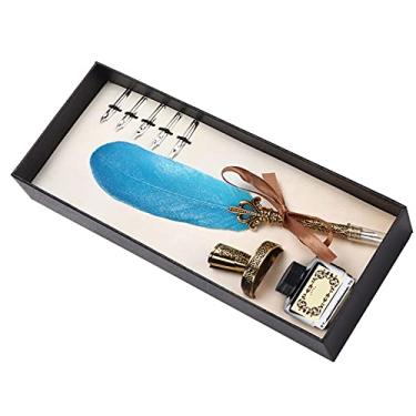 Imagem de Conjunto de Caneta Tinteiro retrô de Penas, Caneta de Imersão, Caneta de Assinatura para Presente de Negócios, Caneta de Metal Esculpida Com Conjunto de Tinta (Azul escuro)