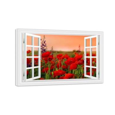 Imagem de MUHJDYC Imagem de janela falsa - arte de parede da natureza - flor vermelha lindo pôr do sol pintura de paisagem pôster - mural de janela 3D para decoração de parede de sala de estar pronto para