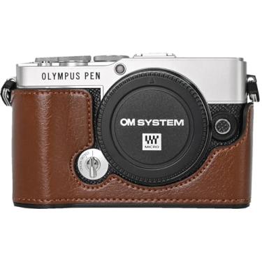 Imagem de Capa E-P7, capa BMAOLLONGB feita à mão de couro PU meia câmera versão abertura inferior para Olympus Pen E-P7 EP7 com alça de pescoço mini bolsa de armazenamento (café)