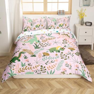 Imagem de Lindo conjunto de capa de edredom infantil, tamanho solteiro, kawaii, dinossauro, verde, reversível, para crianças, meninas, desenhos animados, folhas florais, capa acolchoada com 1 fronha, rosa (não