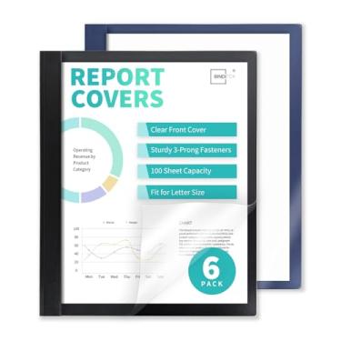 Imagem de Binditek Pacote com 6 capas frontais transparentes com 3 pinos, capacidade para 100 folhas, pasta de plástico para relatórios, com 3 fixadores de metal, para tamanho carta, preto e azul-marinho