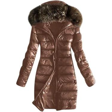 Imagem de Mulheres Casaco Quente Outwear Acolchoado Casacos De Inverno Gola De Pele Com Capuz Jaqueta Longa Tops Com Cinto, Brown Long, S