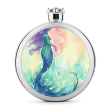 Imagem de Cantil de aço inoxidável, lindo cantil de bolso com estampa de cauda de sereia, garrafa de viagem, portátil, garrafa de licor portátil