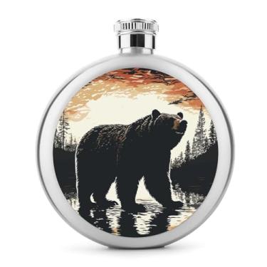 Imagem de Cantil de aço inoxidável, com estampa de silhueta de urso, garrafa de bolso, garrafa de viagem, portátil, garrafa de licor portátil
