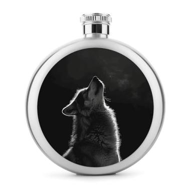 Imagem de Cantil de aço inoxidável, lobo virado para a lua com impressão de bolso garrafa de quadril frasco de viagem garrafa portátil de licor garrafa de metal