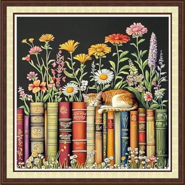 Imagem de Findvoor Kits de ponto cruz contados para adultos, gama completa de bordado de costura cruzada, padrão não impresso para iniciantes, kit de bordado de 11 CT - livros, gatos, flores 45,7 x 45,7 cm