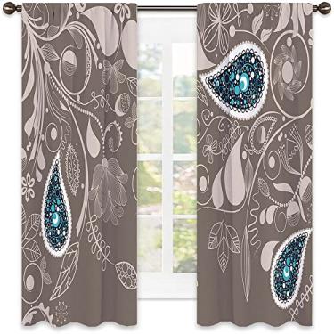 Imagem de Cortinas blackout Paisley 90%, motivos orientais com ramo em espiral e arte boêmia, cortinas blackout com absorção de som para decoração de sala de jantar/festa, L 132 x C 213 cm marrom pálido