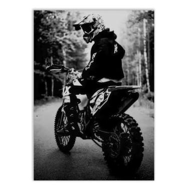 Imagem de Placa Decorativa Moto Motocross Foto Preto E Branco Decoração Poster Quarto Sala