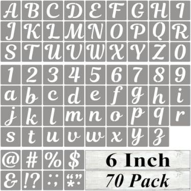 Imagem de REOLAN Estêncil de letras de 15 cm para pintura – pacote com 70 modelos de estêncil de letras e números com placas para pintura, estênceis cursivos reutilizáveis para quadro-negro, artesanato em