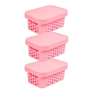 Imagem de kit 3 caixa organizadora cesto multiuso rosa claro 2,6 litros qualidad