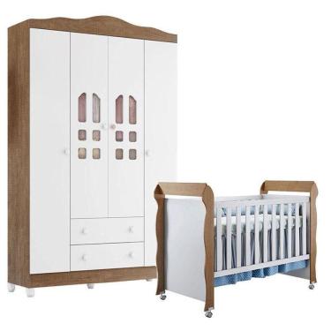 Imagem de Berço Americano Mirelle E Guarda Roupa New Selena 4 Portas Branco Acetinado Amadeirado – Carolina Móveis