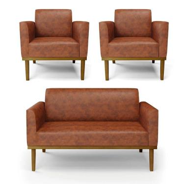 Imagem de Sofá Namoradeira Com 2 Poltronas Base De Madeira Fixa Castanho Marisa Corano Nozes D03 - D?rossi