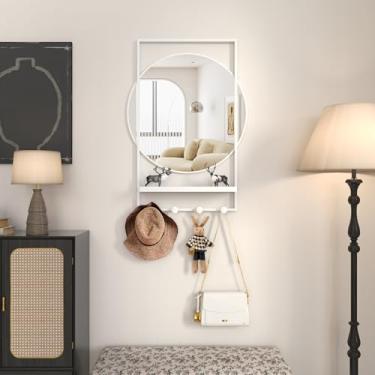 Imagem de WONSTART Espelho de parede de 71 x 50 cm com prateleira e ganchos, espelho retangular para banheiro/entrada, espelho decorativo com moldura redonda