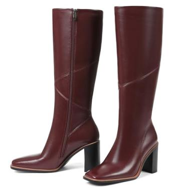 Imagem de Grakihily Botas de cano alto femininas GoGo com salto grosso, T19/Borgonha, 40