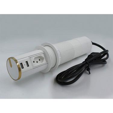 Imagem de Mini Torre Totem Automatico 1 Tomada 10a 2 Usb - Branco e Dourado