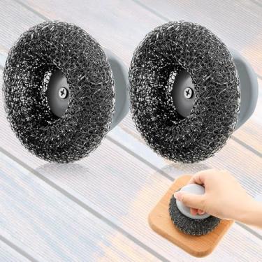 Imagem de Teenyyou 2 peças de esfregão de teca com alça de aço inoxidável de grau marítimo esfregão de lã de aço limpador de teca para móveis de madeira ao ar livre limpeza de barcos, cuidados, repintura