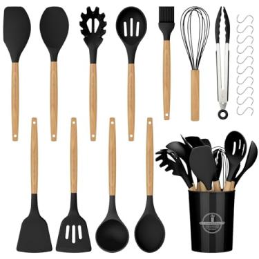 Imagem de Freebala Conjunto de utensílios de cozinha de silicone, 22 peças, conjunto de utensílios de cozinha de silicone com cabo de madeira, sem BPA, espátulas de revestimento antiaderente de grau alimentício