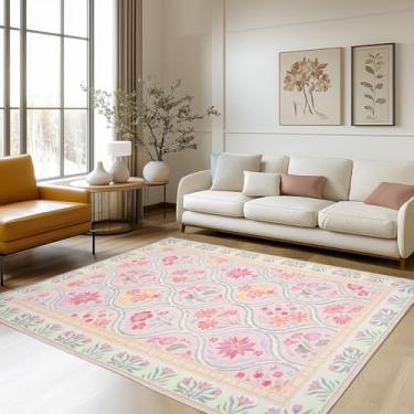 Imagem de Petmolico Tapetes de área para sala de estar, tapetes laváveis falsos para quartos, tapete vintage dobrável de cozinha tapete fino com detalhes (floral rosa, 1,2 x 1,8 m
