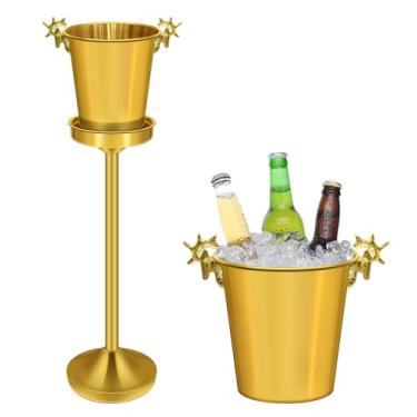 Imagem de ExGizmo Balde de gelo com suporte, balde de gelo de champanhe de aço inoxidável dourado, cabeça de cervo com alça de vinho para bares de casamento de Natal, balde de vinho de 5 L no suporte para