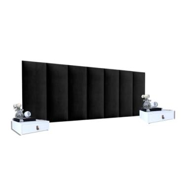 Imagem de Kit 2 Mesas Criado Suspenso + Cabeceira 8 Placas Módulo 45x20 Cor Preto Tecido Suede (Branco - Preto)