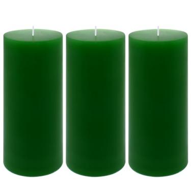 Imagem de 3 pacotes de velas de pilar verde de 7 x 15 cm, sem cheiro, não tóxicas, sem fumaça, limpas, de longa duração, para mesa de jantar em casa no dia de São Patrício, emergência de falta de energia