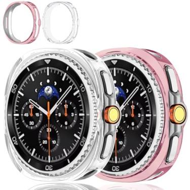 Imagem de Pacote com 2 capas compatíveis com Samsung Galaxy Watch 8 Classic 46 mm 2025 TPU macio capa protetora para Galaxy 8 Classic acessórios (rosa + transparente, Galaxy Watch 8 Classic 46 mm)