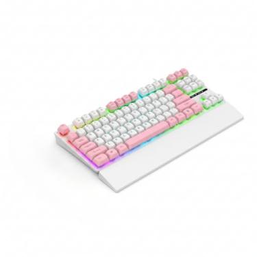 Imagem de Teclado Gamer com Fio USB 87 Teclas com Iluminação Colorida E-Sports de Membrana com Toque Mecânico e Apoio de Pulso Removível Layout US (Branco e Rosa)