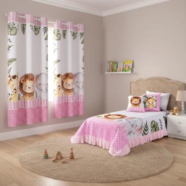 Imagem de Kit Cortina 2 Metros + Colcha Cobre Leite Infantil 07 Peças Para Quarto (SAFARI ROSA)