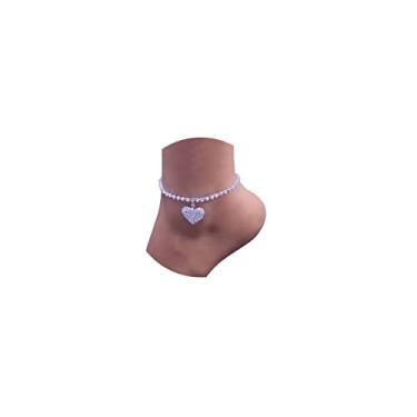 Imagem de Tornozeleiras femininas com strass de coração, tornozeleiras prateadas ajustáveis, corrente de pé para presentes (coração fino)