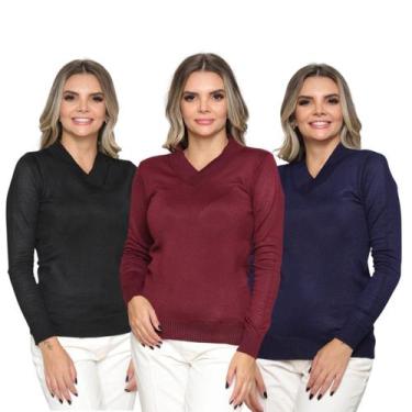 Imagem de Kit 3 Blusas Feminina Sueter Tricô Macio Gola V Manga Longa Inverno - 