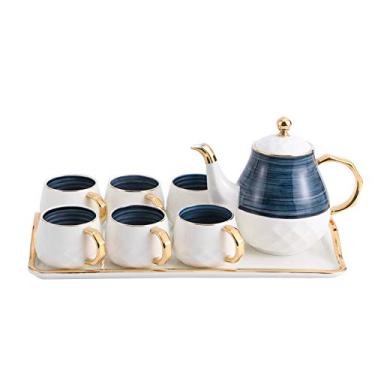 Imagem de Conjunto de chá de 8 peças para adultos, porcelana, café, chá, 6 xícaras, bule de chá, bandeja de servir para chá da tarde e café