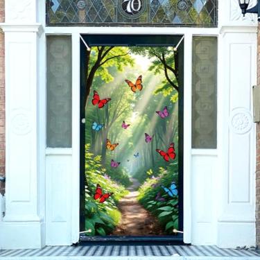 Imagem de arricraft 1 peça capa de porta de poliéster floresta luz do sol trilha, 185 cm x 90 cm floresta mística borboleta pano de fundo banner porta varanda fotografia fundo para festa varanda decoração de