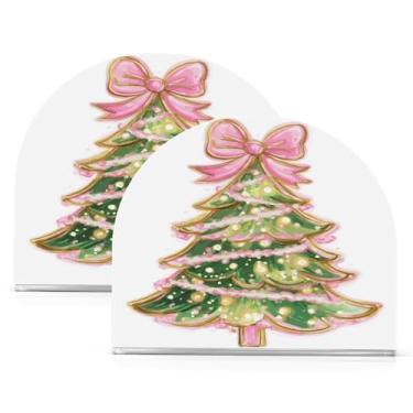 Imagem de ATTX Pacote com 2 porta-guardanapos de Natal de acrílico com design de arco rosa de árvore de Natal - Organizador de mesa decorativo para cozinha, restaurante, decoração de férias de casa #786