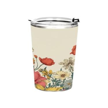 Imagem de Blueangle Copo de 340 g com tampa e canudo, copo de café com água isolada a vácuo de aço inoxidável, caneca de viagem floral colorida copo térmico para bebidas quentes e frias (942)