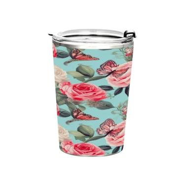 Imagem de Blueangle Copo de 340 g com tampa e canudo, copo de café com água isolada a vácuo de aço inoxidável, caneca de viagem com flores rosas, copo térmico para bebidas quentes e frias (594)