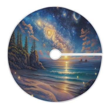 Imagem de Blueangle Linda saia de árvore de Natal com cenário de praia de 120 cm - poliéster macio e resistente a rugas, decoração de férias para festas de Natal, árvore festiva e decoração de casa (647)