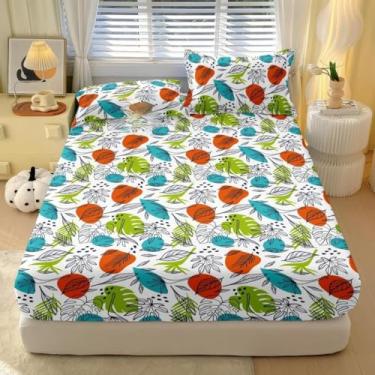 Imagem de Jogo de Lençol com Elástico Estampado Tropical 400 Fios Para Cama Solteiro Casal Queen Micropercal Estampado(Tropical Verde,QUEEN 3 Peças)