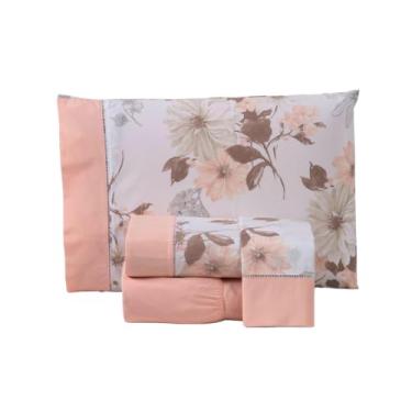 Imagem de Jogo de Lençol Casal King Encantare Estampado Floral com Ponto Palito, Percal 180 Fios, 80% Algodão 20% Poliéster, 4 Peças, Lençol 2,50m x 2,80m com Elástico e 2 Fronhas 70cm x 50cm (Salmão)