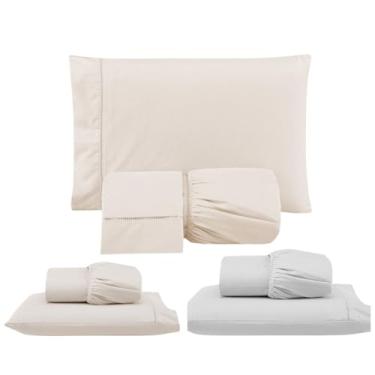 Imagem de Kit 3 Jogos de Lençol com Elástico e Fronhas Bordadas em Ponto Palito, 1 Casal King e 2 Solteiros, Micropercal 300 Fios 100% Poliéster (CKS Versat(Palha/Palha/Branco))
