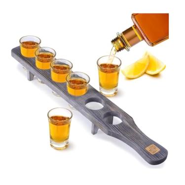 Imagem de Don Paragone Conjunto de 6 copos de shot, bandeja de servir a granel e copos de shot - Copos de dose de tequila com suporte de madeira - Copos pequenos transparentes para restaurante, bar, festa