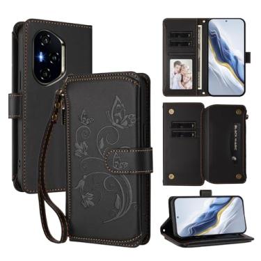 Imagem de Capa carteira para Honor 400 com porta-cartão, bolso com zíper e alça longa - capa fólio de couro com fecho magnético, suporte, capa feminina anti-impressão digital (preto)