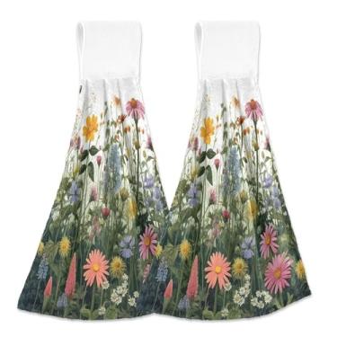 Imagem de xigua Conjunto de 2 toalhas de cozinha coloridas de flores silvestres, toalhas de cozinha macias e absorventes rápidas com laço para pendurar e adesivos mágicos, toalhas de mão de pano para pendurar