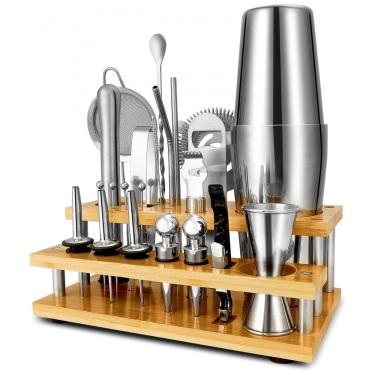 Imagem de Kit Bartender Profissional 25 Peças em Aço Inoxidável com Suporte Duplo, HAIZHI, Prata