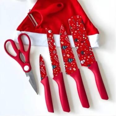 Imagem de Conjunto de facas para churrasco em aço inoxidável antiaderente profissional (Faca Natal Vermelho)