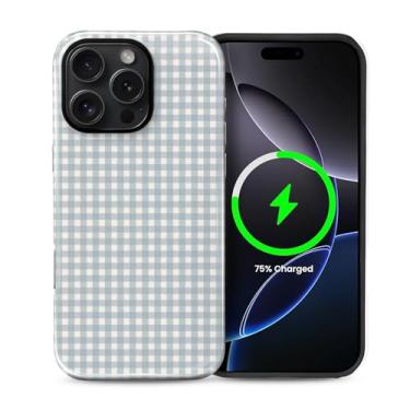 Imagem de casesok Capa para iPhone 16 Pro, compatível com MagSafe, capa rígida de camada dupla + capa de silicone, proteção total à prova de choque, capa para iPhone 16 Pro-azul guingão retrô xadrez