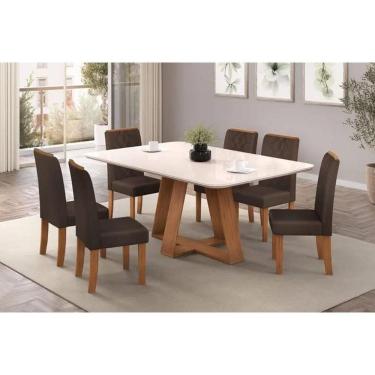 Imagem de Conjunto Mesa Kiara c/ Tampo Madeirado c/ Vidro Curvo 160x80cm e 6 Cadeiras Ayla erro sub errado Freijo/Off White - Suede Marrom-DJ Móveis